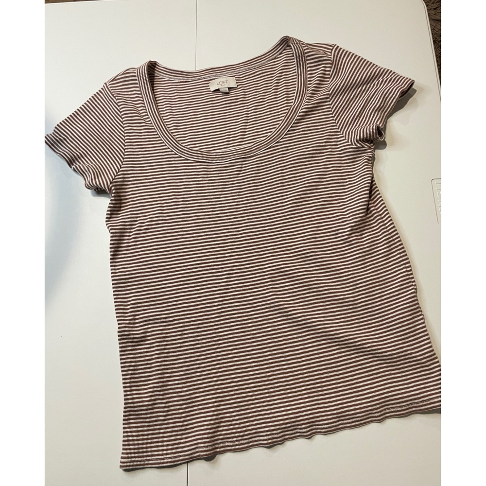 Loft Womens Brown White Striped Ribbed Scoop Neck T-Shirt Size L